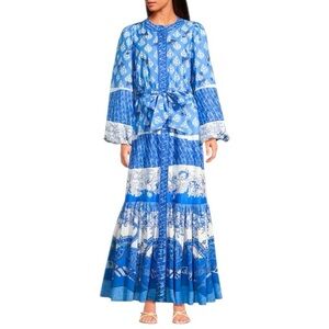 A Loves A Border Print Mandarin Collar Long Sleeve Button Front/Tie Maxi Dress